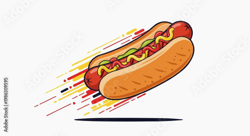 A colorful illustration of a hot dog in motion with vibrant lines and toppings