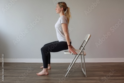 Woman exercises on a chair in a room with light walls and wooden floor