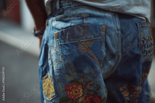 Unique denim jeans with colorful patches and designs worn by a person on a street in the afternoon