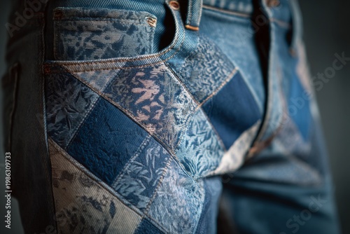Creative denim design features colorful patchwork on jeans showing different fabric patterns and textures in close-up view