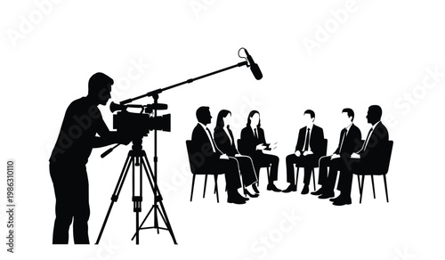 A black silhouette depicts a film crew operating a camera while interviewing a panel of formally dressed people silhouette high quality professional detailed modern