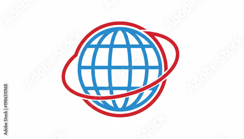 Globe internet network icon with red and blue orbit rings for web communication and global connectivity concepts
