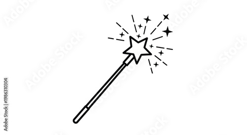 A simple black and white illustration of a magic wand emitting sparks