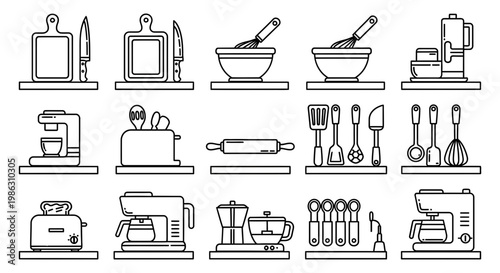 Modern collection of essential kitchen utensils and small appliances outlined.