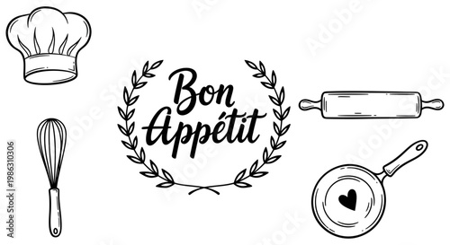 Hand drawn kitchen utensils with text for culinary themed designs