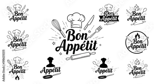 Collection of hand drawn vintage style bon appetit kitchen logos