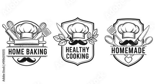 Three vintage badge style logos for home cooking and baking