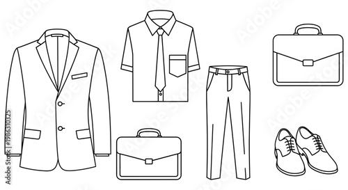Modern professional men's business clothing and essential accessories line art.