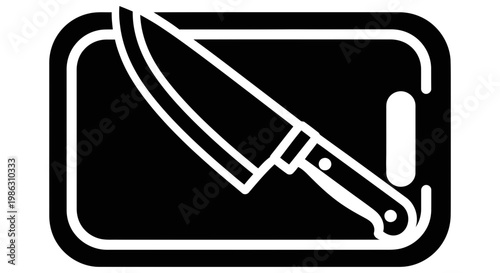 Simple black icon showing a sharp kitchen knife on board