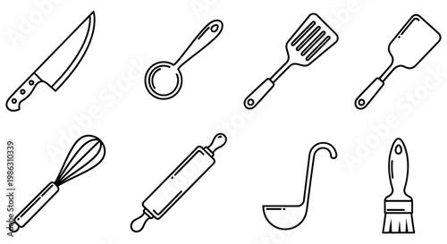 Set of eight black and white kitchen utensil outline icons