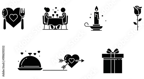 Romantic collection of black valentine day icons for couples celebration