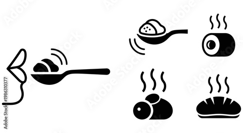 Stylized vector icons illustrating hot food, eating, and sensory perception.