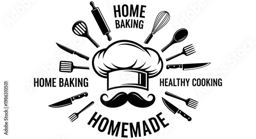 Chef hat and mustache logo for home baking cooking business