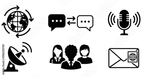 Black and white icons representing various global communication and connection methods