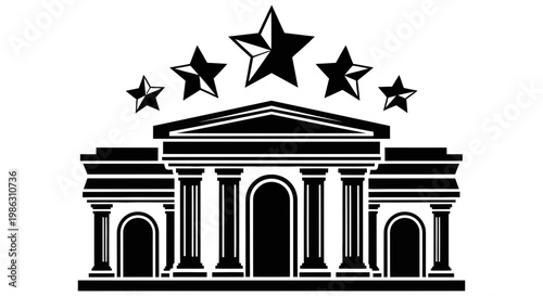 Classic bank building icon featuring five decorative stars above roof