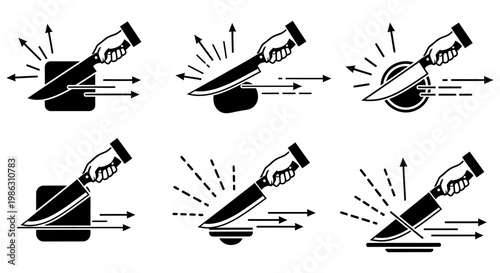 Several hands holding kitchen knives cutting various food shapes and items