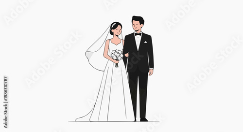 A minimalist vector illustration of a happy bride and groom on their wedding day in formal attire.