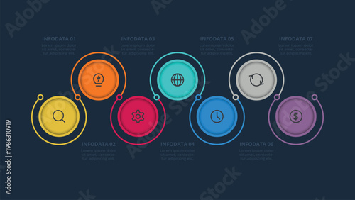 Structured infographic with 7 steps, options, parts or processes. Template for web on a black background.
