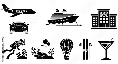 Collection of black travel and vacation icons on white background