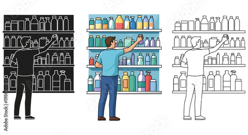 Shopper reaching for products on retail shelves in different styles