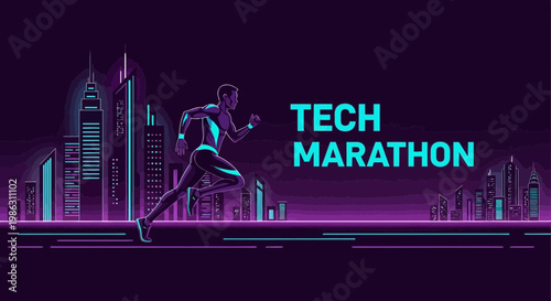 A Futuristic Tech Marathon Depicted Against a Vibrant Cityscape Silhouette