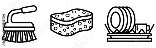 Household cleaning supplies like a brush sponge and dish rack set