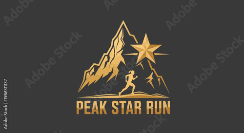 A Gold Emblem Illustrates a Runner Achieving Goals Amidst Mountain Peaks and a Star Emblem