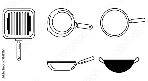 Collection of hand drawn kitchen pans for cooking gourmet meals