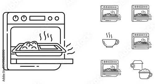 Simple outline icons of food being prepared in kitchen ovens