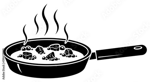 Hot food steaming in a black metal cooking frying pan