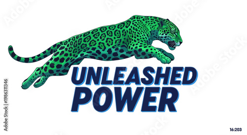 A Green Leopard Leaping Across a Bright White Backdrop with Bold 'Unleashed Power' Text