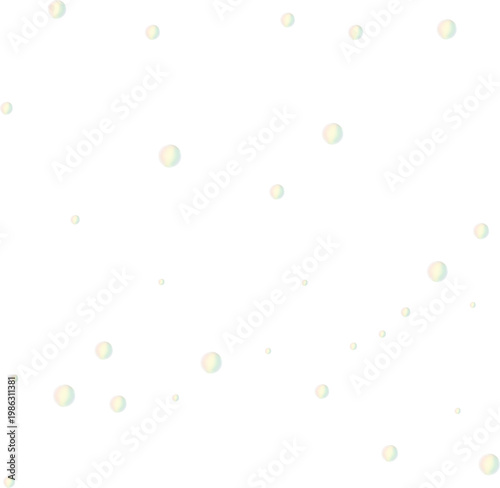 Iridescent soap bubbles scattered on a transparent background. Floating clear water spheres with rainbow colors