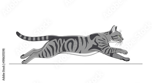 A Digitally Rendered Cat in Mid-Motion Depicted in Monochrome Illustrative Style