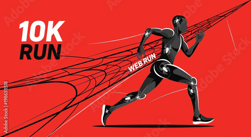 A Dynamic Illustration of a Runner Intertwined with a Web-Like Design, in Black and Red Tones