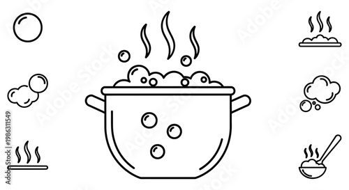 Simple line art drawing of a pot boiling with bubbles