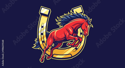 A Majestic Jumping Horse Inside A Golden Horseshoe Against Dark Blue Background