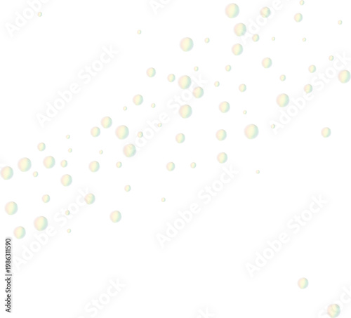 Diagonal arrangement of transparent soap bubbles. Iridescent floating water spheres overlay