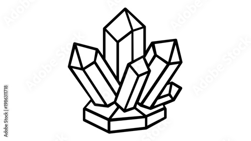 Minimalist black and white line art vector icon illustration of a crystal cluster gemstone, perfect for jewelry design, spiritual healing, geology, and nature-themed graphic design projects.