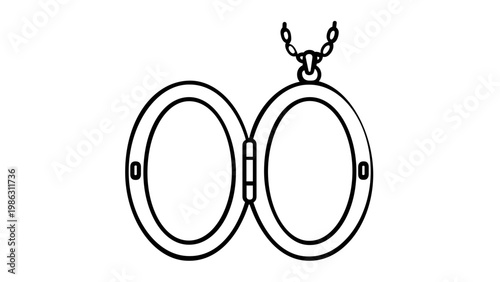Minimalist black and white vector illustration of an open oval locket necklace on a chain, featuring a classic hinged design for two photos, ideal for sentimental jewelry and keepsake icons.