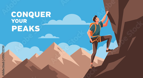 A Person Achieving Ascent on a Mountain to Conquer Goals in an Impressive Illustration