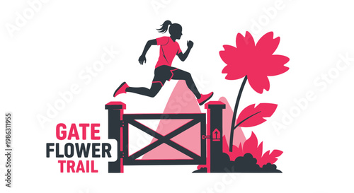A Person Jumps Over a Gate on a Floral Trail Sport And Outdoor Activity Concept