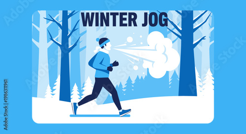 A Person Jogging Outdoors in a Snowy Landscape During Winter Season Illustration