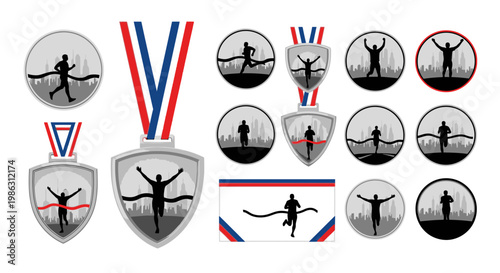 A Set Of Marathon Medals Depicting A Running Man Completing The Race In Silhouette
