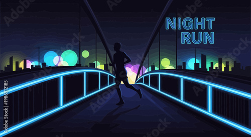 A Silhouette Person Running At Night on Illuminated Bridge With City Background