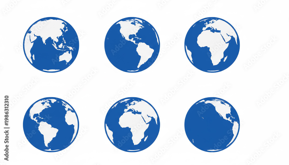 Obraz premium Globe world map icon set with blue ocean and white continents for travel and international communication graphics