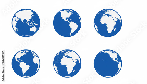 Globe world map icon set with blue ocean and white continents for travel and international communication graphics
