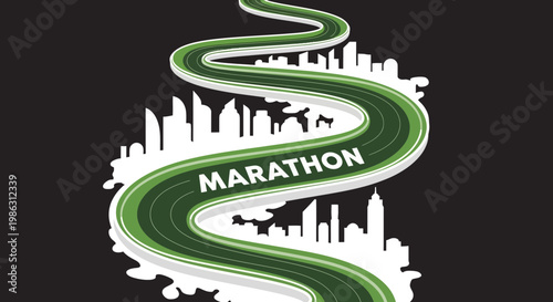 A Spiraling Green Path Marches Through Urban Silhouettes to Represent Marathon Race