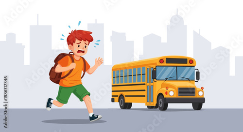 A Young Boy Sprinting to Catch the School Bus Depicting a Sense of Urgency Perfectly