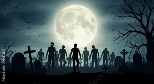 A Spooky Night Scene of Zombies Rising from the Grave Under a Full Moon