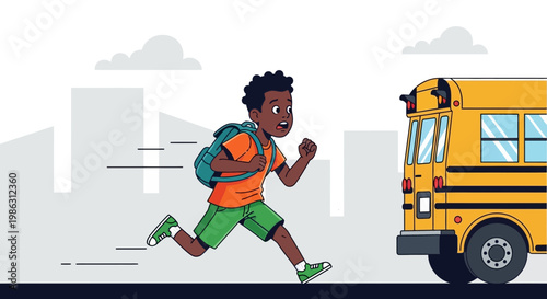A Young Boy Sprinting Towards a School Bus Illustration Depicting Running Late For School